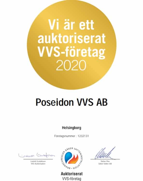 Referensjobb "Auktoriserat VVS-Företag 2020" utfört av Poseidon VVS och Bygg AB