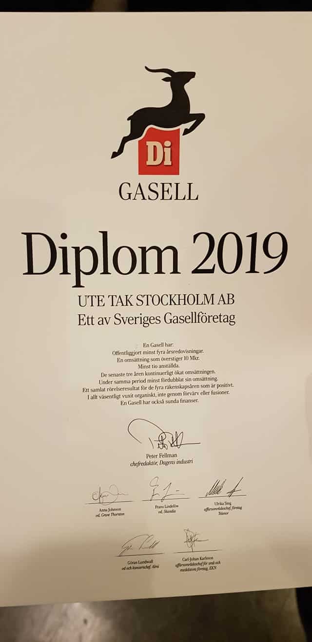 Referensjobb "Di Gasell 2019 " utfört av UTE Tak Stockholm AB