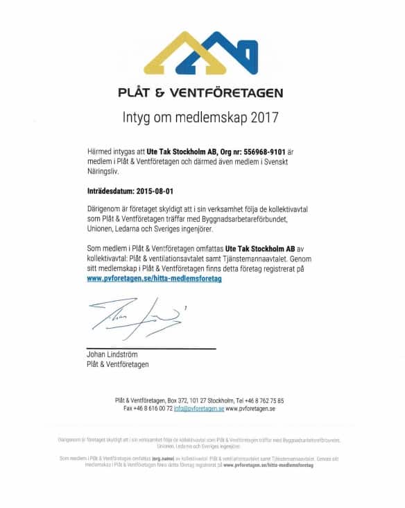 Referensjobb "Certifikat" utfört av UTE Tak Stockholm AB