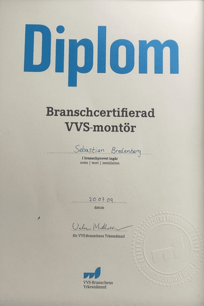 Referensjobb "Branschcertifierad VVS-montör" utfört av Bredenberg Svets och VVS AB