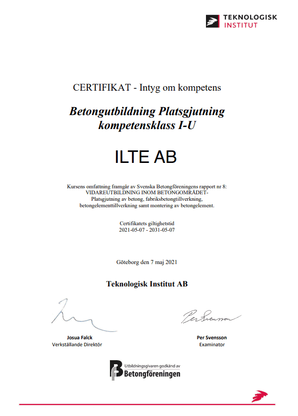 Referensjobb "Certifikat I för betong" utfört av ILTE AB