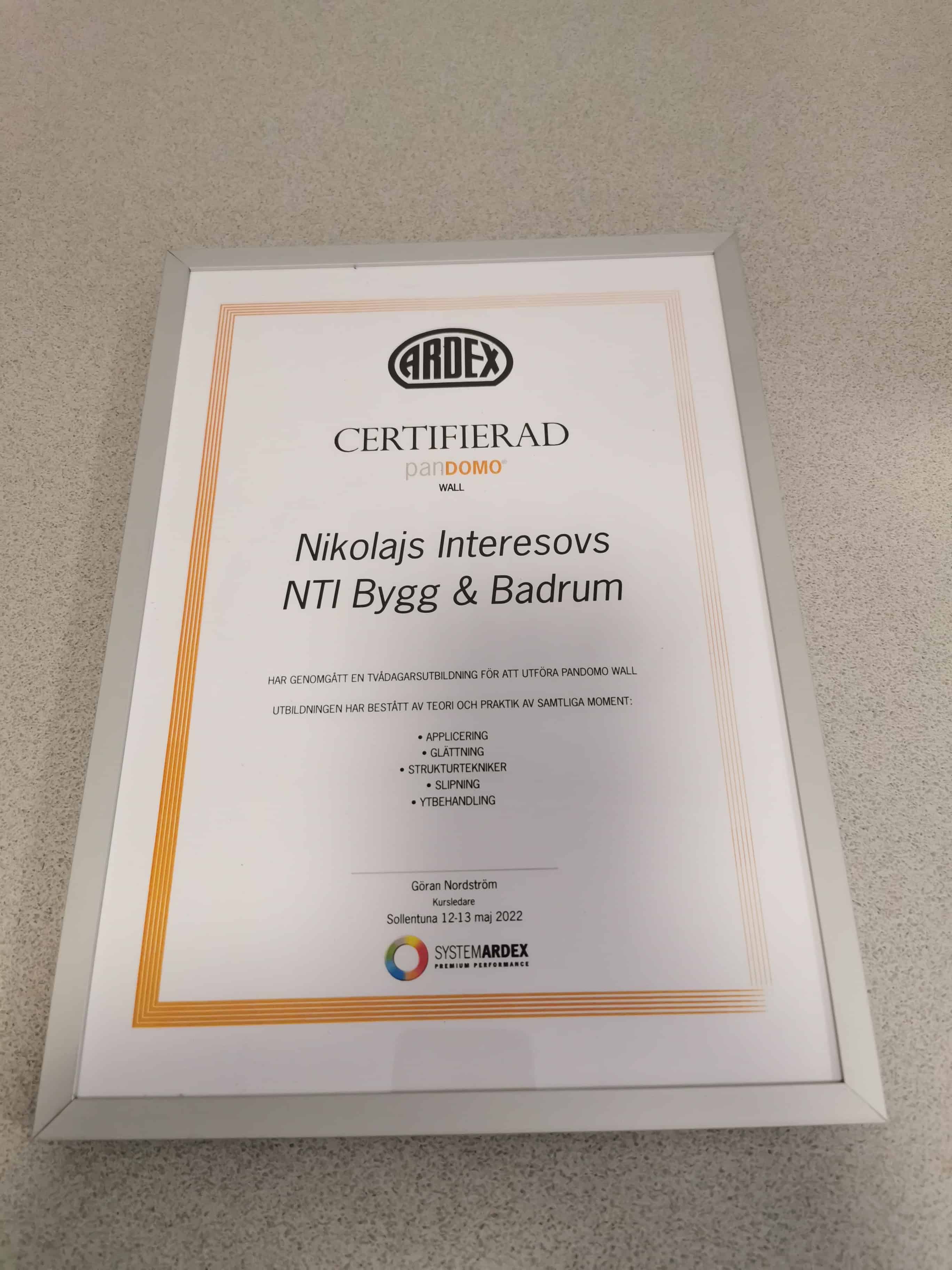 Referensjobb "Certifikat" utfört av NTI BYGG & BADRUM