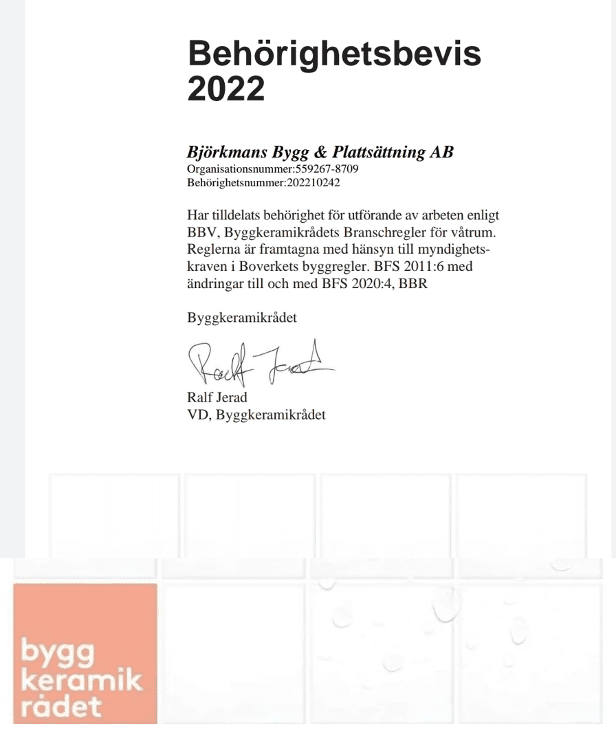 Referensjobb "Behörighetsbevis BKR 2022" utfört av Björkmans Bygg & Plattsättning AB
