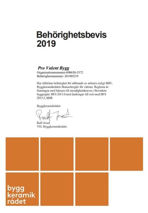 Referensjobb "BKR certifkat - Byggkeramikrådet" utfört av ProValent Bygg