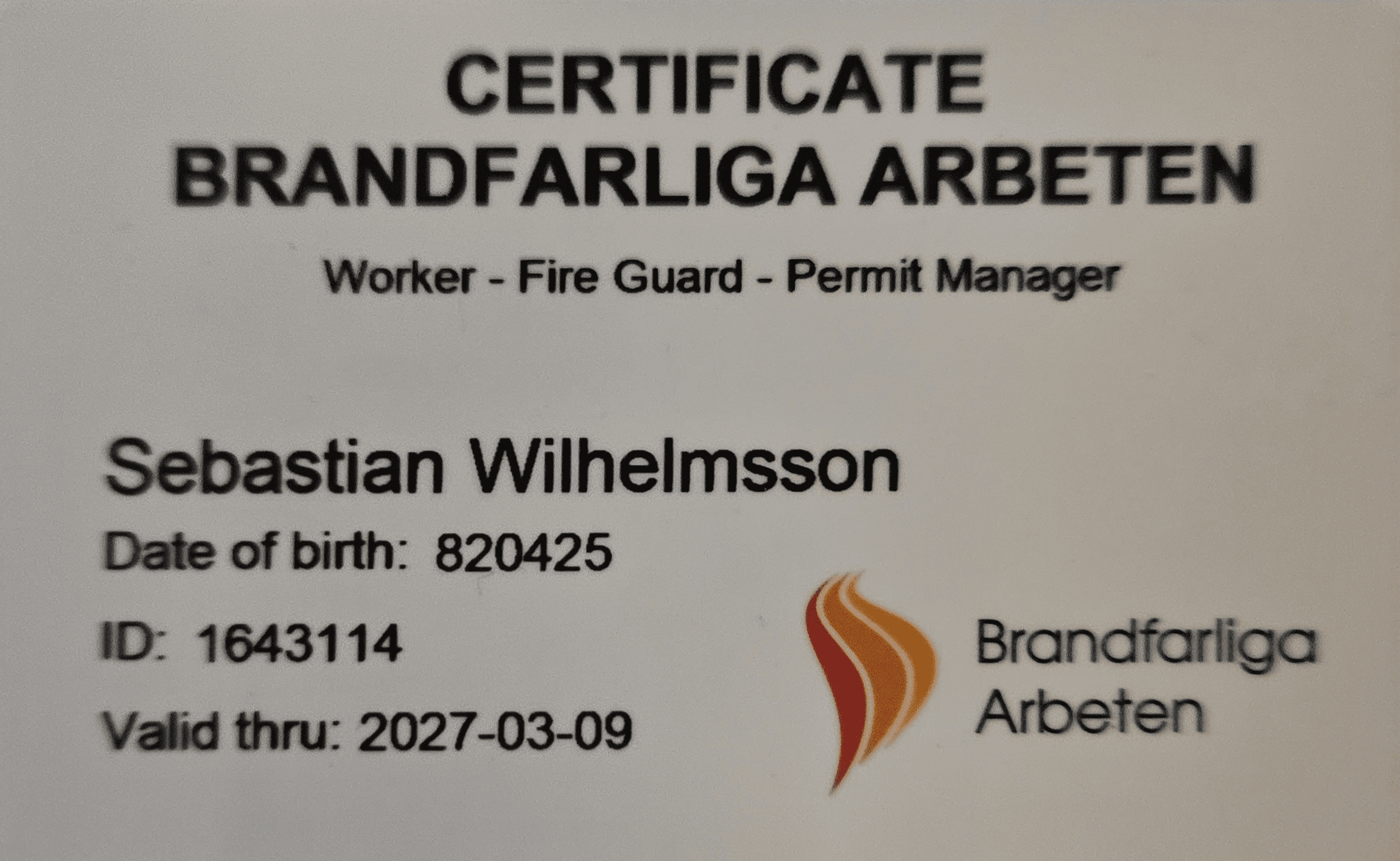 Referensjobb "Certifikat, Brandfarliga arbeten" utfört av Sewi Entreprenad AB