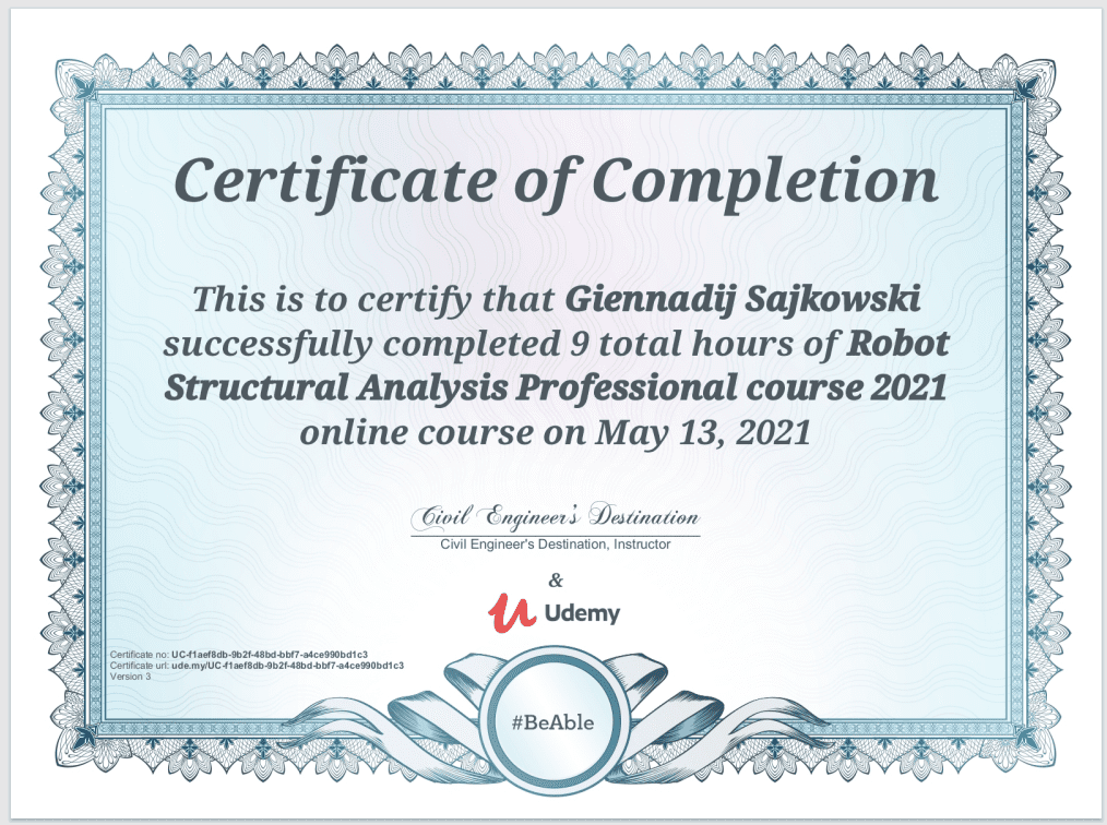 Referensjobb "Certifikat - Robot Structural Analysis " utfört av Alsa Bygg Projekt 